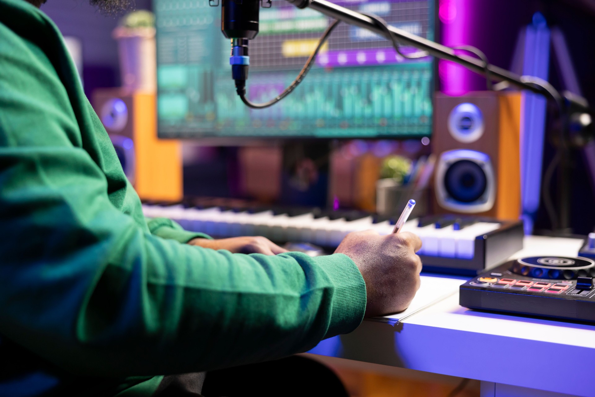 Musician taking notes on paper to produce a new track